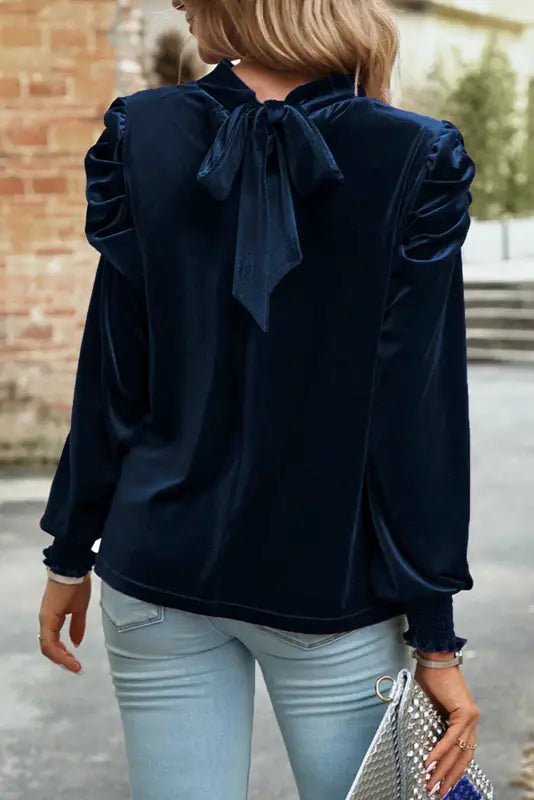 Mock neck puff sleeve velvet blouse - blouses