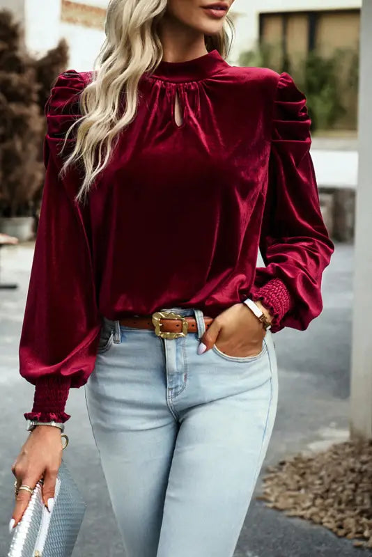 Mock neck puff sleeve velvet blouse - blouses