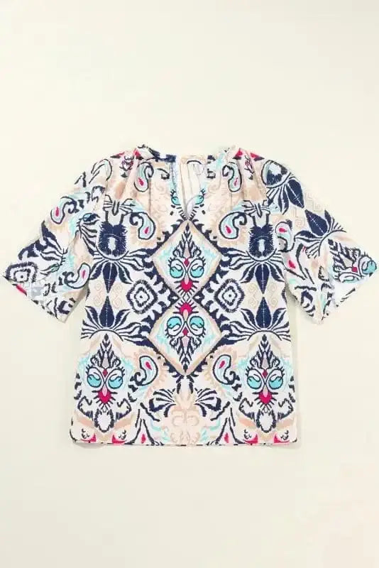 Side view of Loose Fit Notch Neck Boho Blouse showing generous relaxed fit and lightweight polyester drape — Fashionfitz