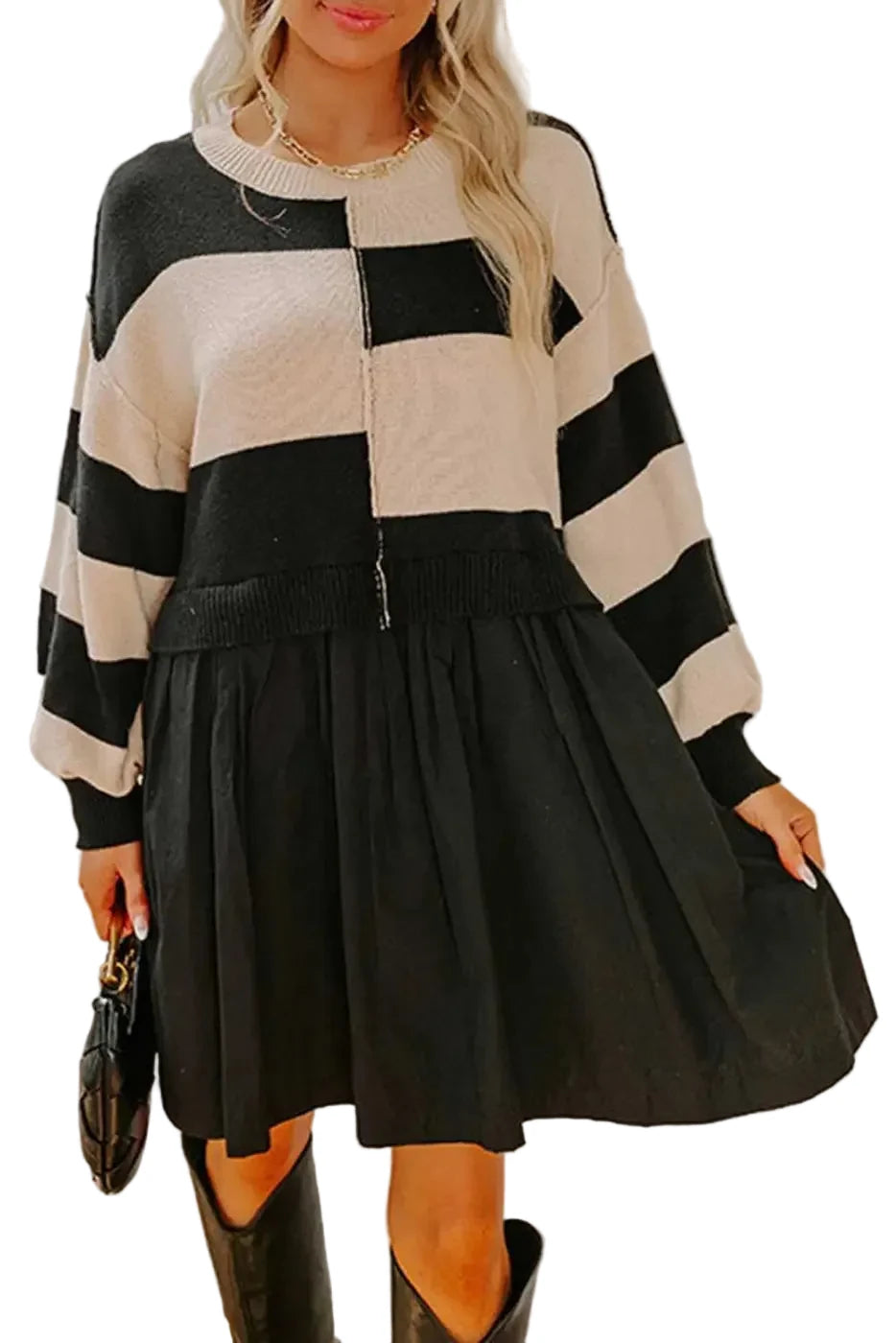 Monochrome Knit Dress - Cozy & Stylish | FashionFitz featuring bold black and beige stripes with a flared black skirt, perfect for fall casual wear.