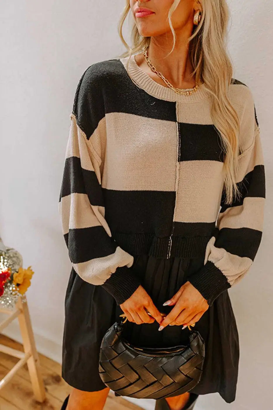 Close-up of Monochrome Knit Dress - Cozy & Stylish | FashionFitz showing textured knit fabric and ribbed cuffs for a cozy casual vibe.