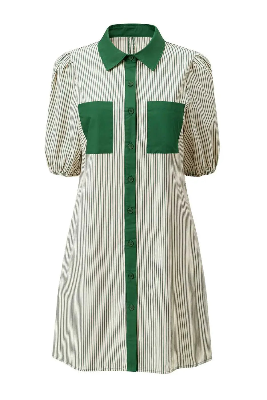 Green striped puff sleeve mini dress with button front and contrast collar, designed for modern casual summer styling.