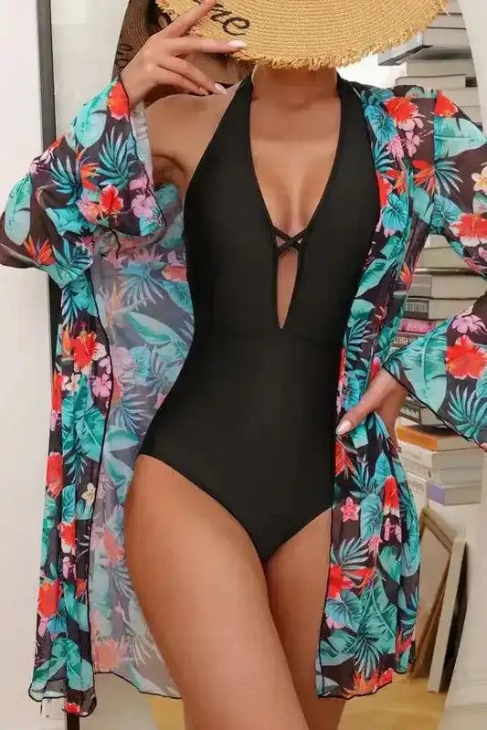 Monokini with Floral Beach Cover Up - Black Halter Neck - Fashionfitz