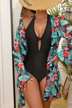 Monokini with Floral Beach Cover Up - Black Halter Neck - Fashionfitz