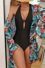 Monokini with Floral Beach Cover Up - Black Halter Neck - Fashionfitz