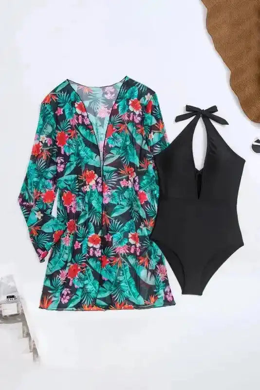 Monokini with Floral Beach Cover Up - Black Halter Neck - Fashionfitz
