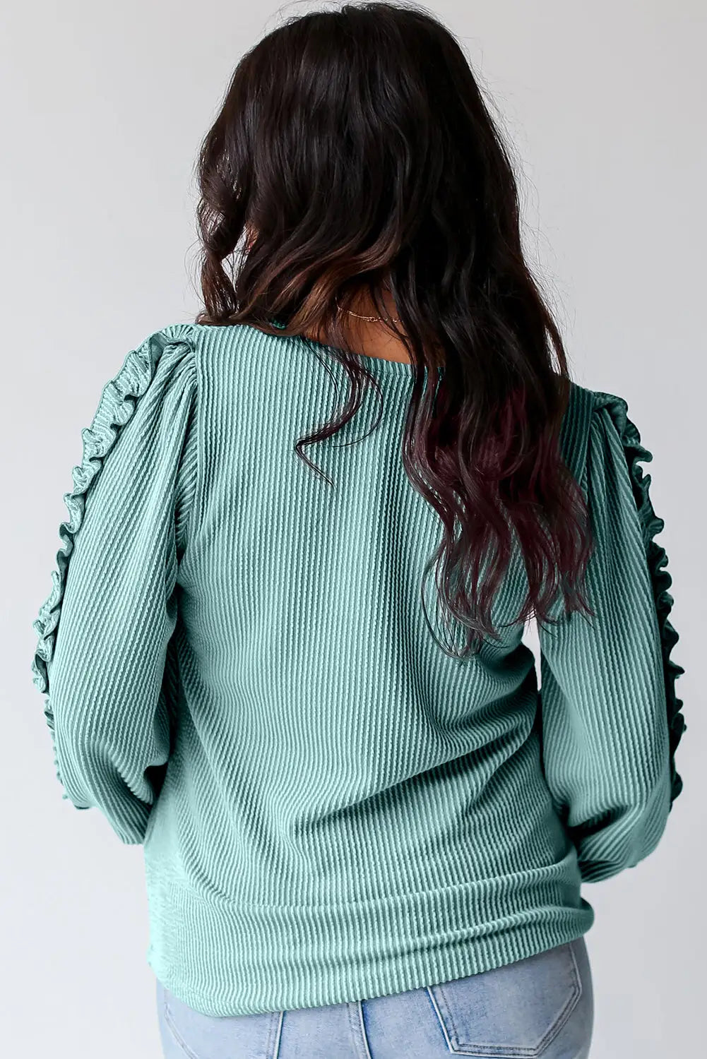 Moonlight jade ruffled sleeve corded textured blouse - blouses & shirts