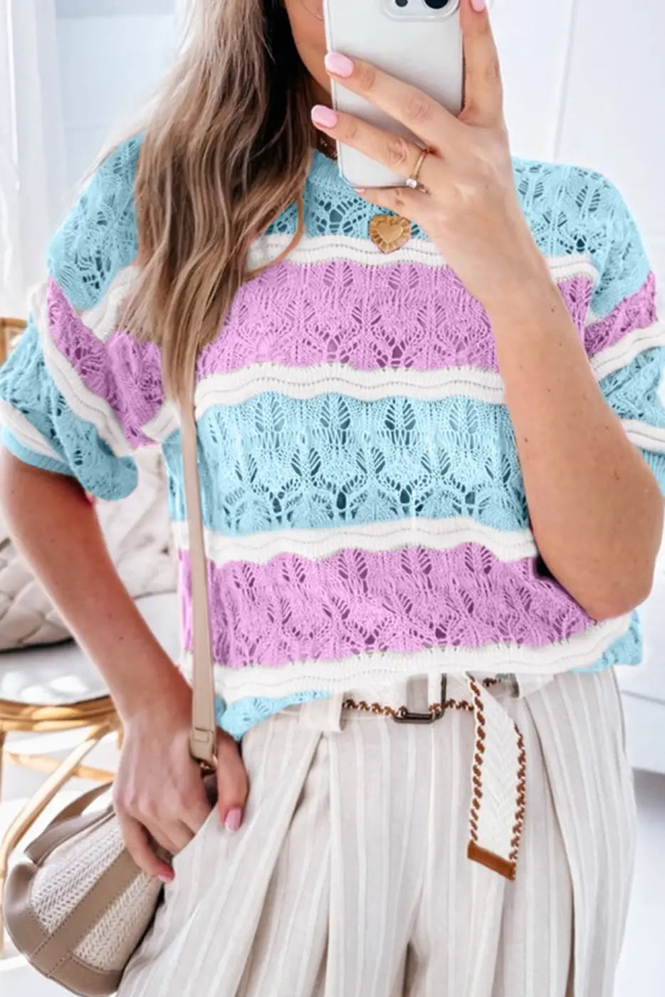 Mosaic crochet half sleeve sweater - purple stripe / s / 100% acrylic - short sweaters