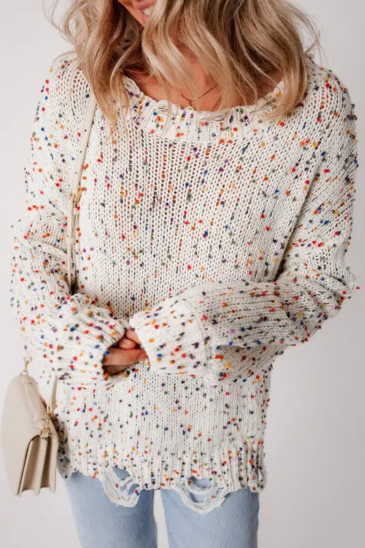 Mosaic distressed knit sweater - white / s / 100% polyester - sweaters