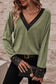 Moss green contrast v neck button cuffed long sleeve top - tops