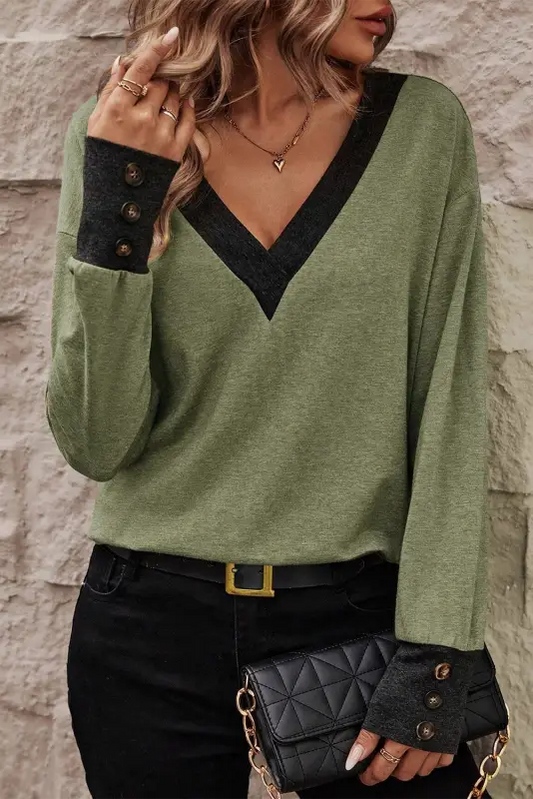 Moss green contrast v neck button cuffed long sleeve top - l / 65% polyester + 30% viscose + 5% elastane - tops