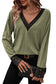 Moss green contrast v neck button cuffed long sleeve top - tops