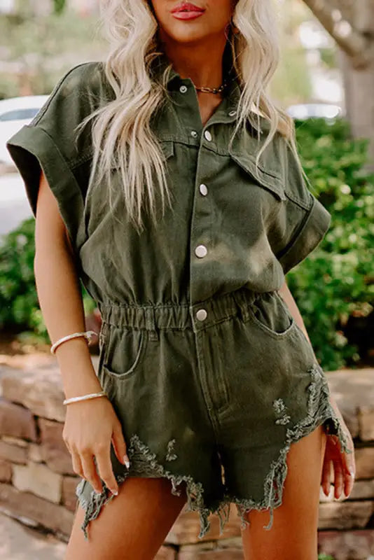 Moss green distressed frayed denim romper - s / 98% cotton + 2% elastane - bottoms/jumpsuits & rompers