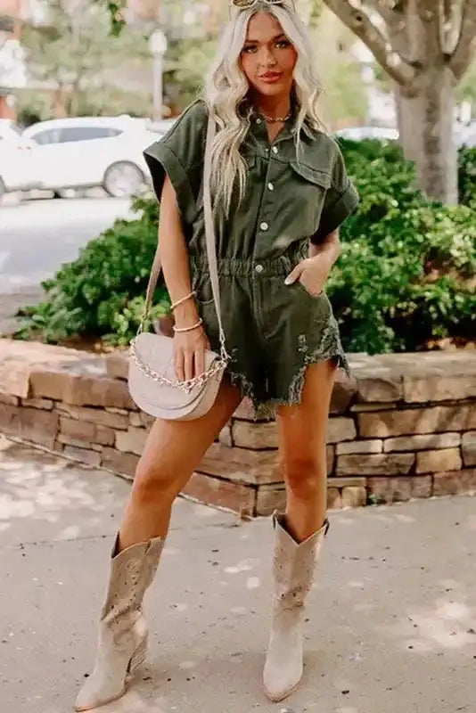 Moss Green Distressed Frayed Denim Romper - Fashionfitz