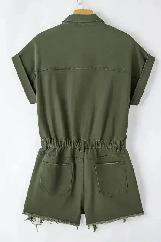 Moss Green Distressed Frayed Denim Romper - Fashionfitz