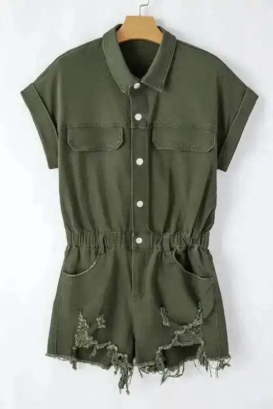 Moss Green Distressed Frayed Denim Romper - Fashionfitz