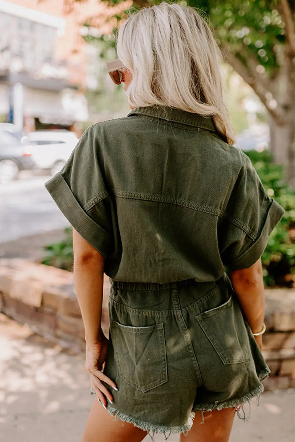 Moss green distressed frayed denim romper - bottoms/jumpsuits & rompers