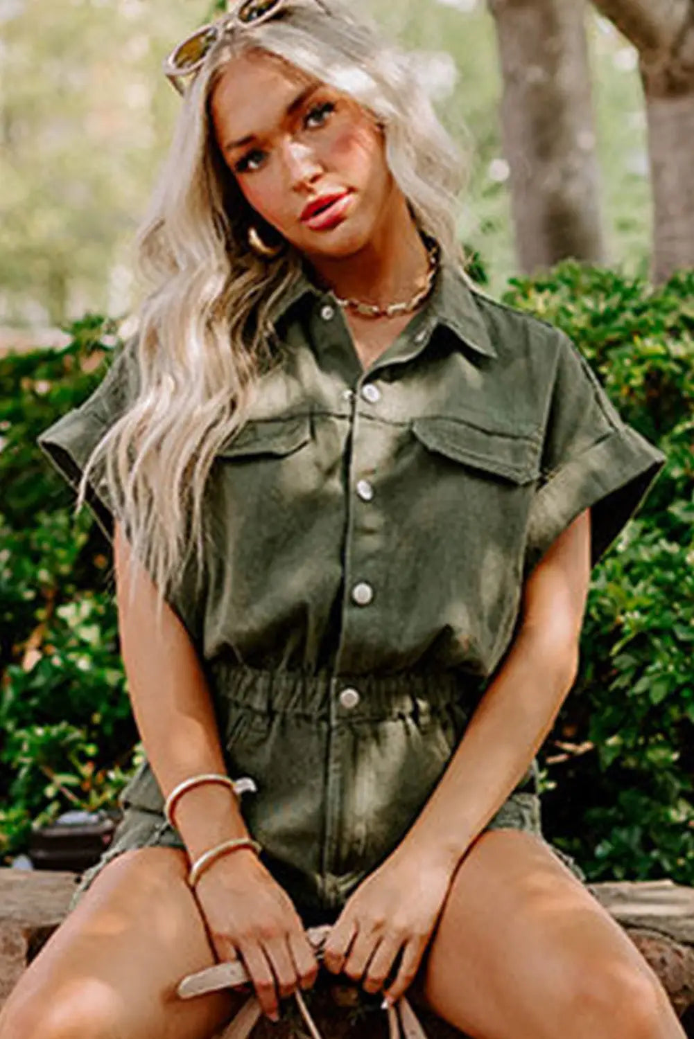 Moss green distressed frayed denim romper - bottoms/jumpsuits & rompers