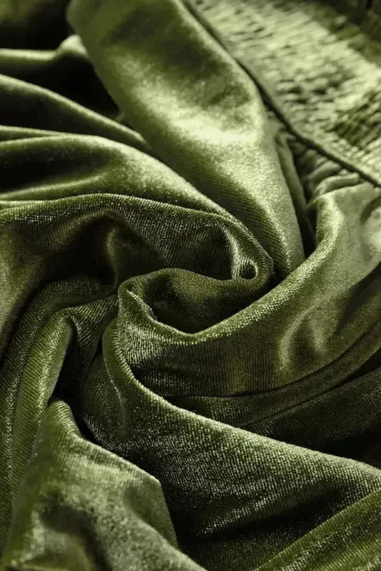 Moss Green Frilled Neck Smocked Bodice Velvet Dress - Fashionfitz