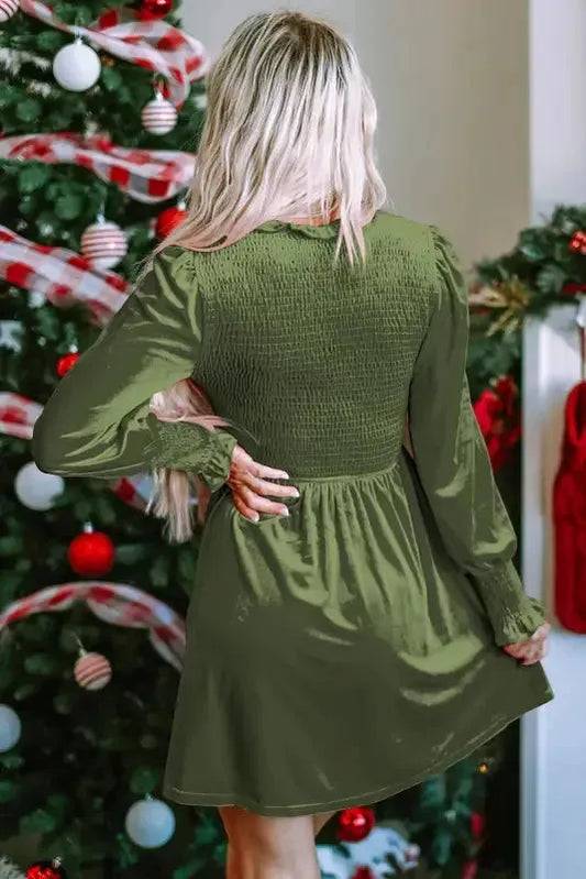 Moss Green Frilled Neck Smocked Bodice Velvet Dress - Fashionfitz