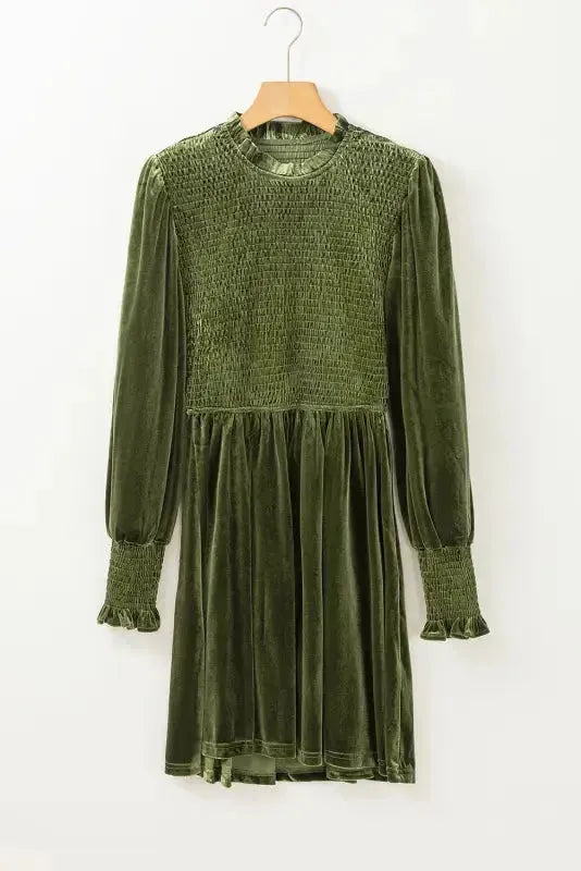 Moss Green Frilled Neck Smocked Bodice Velvet Dress - Fashionfitz