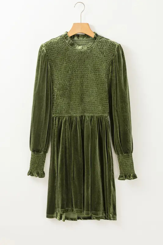 Moss green frilled neck smocked bodice velvet dress - dresses