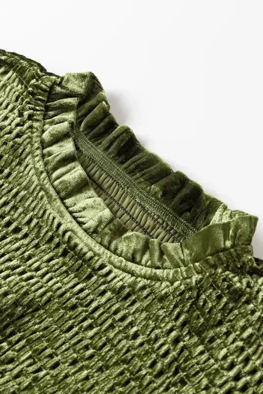 Moss Green Frilled Neck Smocked Bodice Velvet Dress - Fashionfitz