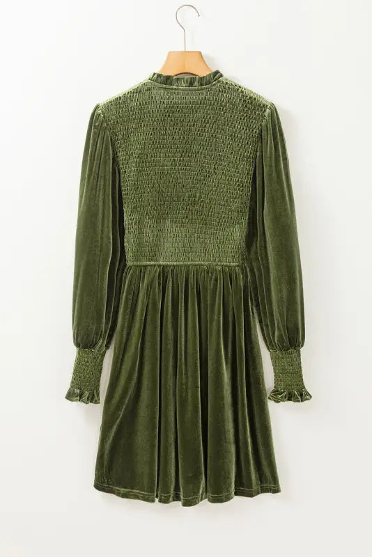 Moss green frilled neck smocked bodice velvet dress - dresses