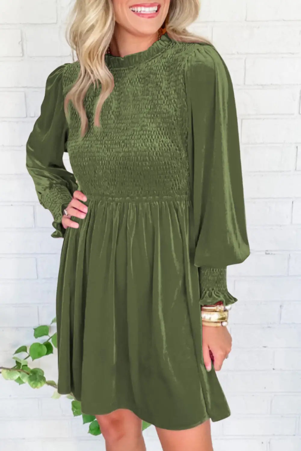 Moss green frilled neck smocked bodice velvet dress - s /