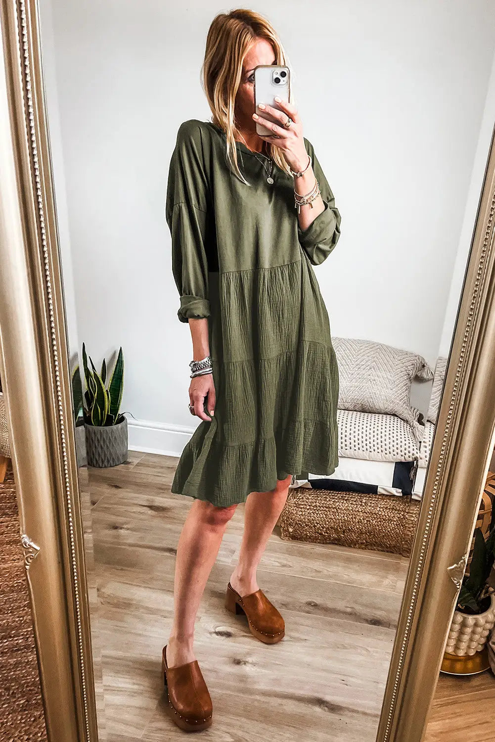 Moss green long sleeve tiered crinkled patchwork mini dress