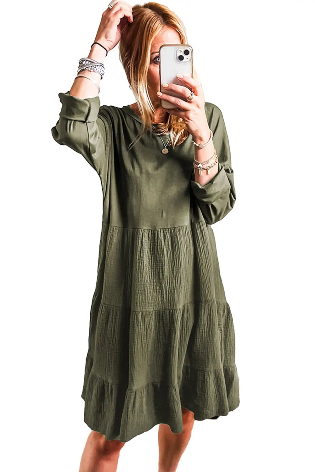 Moss green long sleeve tiered crinkled patchwork mini dress - dresses