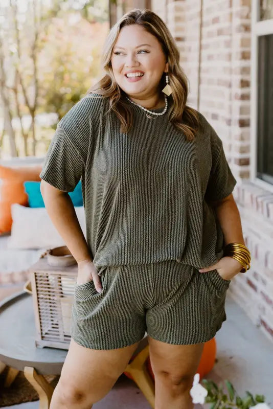 Moss green plus size rib knit short sleeve top and shorts set