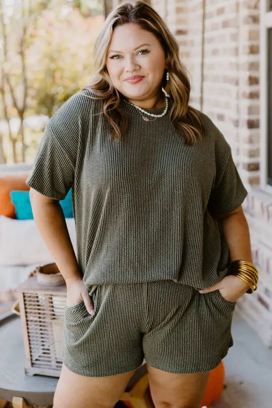 Moss green plus size rib knit short sleeve top and shorts set