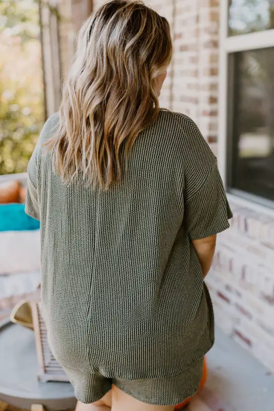 Moss green plus size rib knit short sleeve top and shorts set