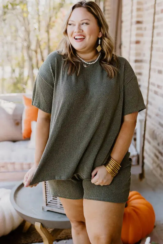 Moss green plus size rib knit short sleeve top and shorts set