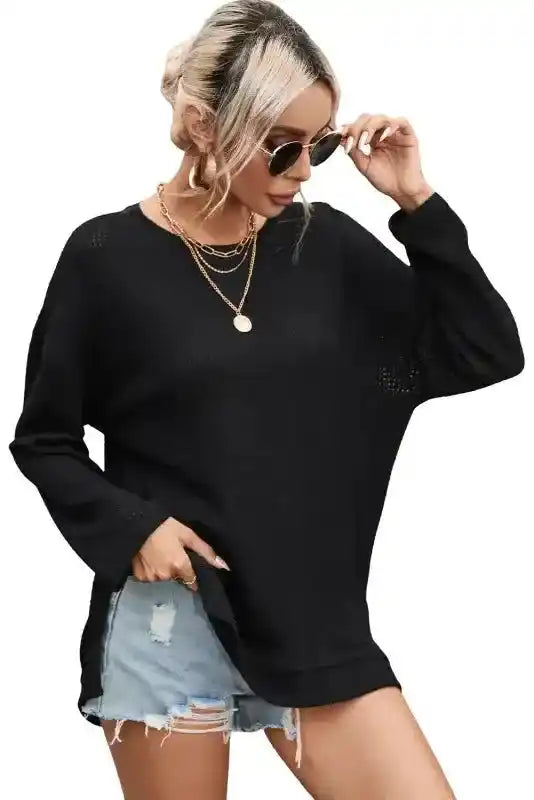 Isolated view of Chic Plus Size Moss Green Knit Top with waffle texture and long sleeves, ideal for layering in cooler seasons.