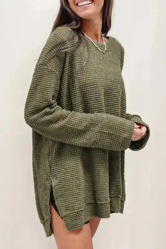 Moss Green Plus Size Textured Knit Long Sleeve Top - Fashionfitz
