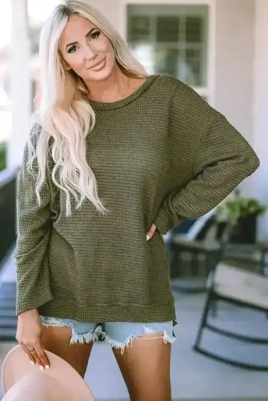 Moss Green Plus Size Textured Knit Long Sleeve Top - Fashionfitz