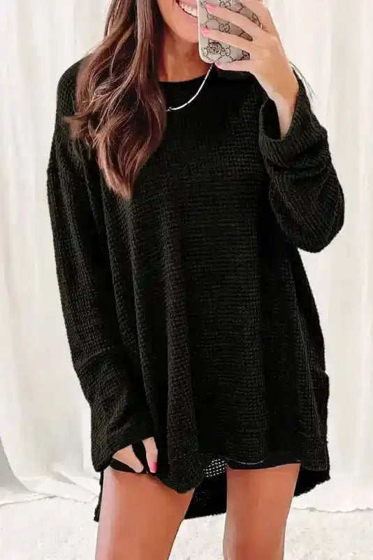 Chic Knit Top - Plus Size Black | Long Sleeve Style in textured waffle knit, styled casually with shorts for a cozy fall outfit.