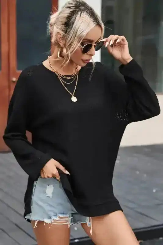 Plus Size Moss Green Knit Top with long sleeves and side slits, styled for a cozy and fashionable fall look.