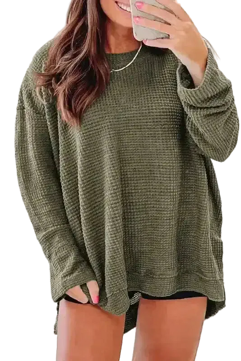 Chic Knit Top - Plus Size Moss Green | Long Sleeve Style in waffle knit texture, styled casually with black shorts for a cozy fall look.