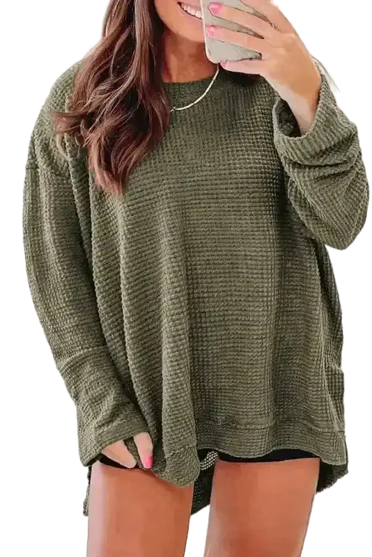Chic Knit Top - Plus Size Moss Green | Long Sleeve Style in waffle knit texture, styled casually with black shorts for a cozy fall look.