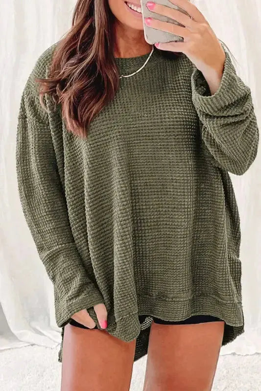 Moss Green Plus Size Textured Knit Long Sleeve Top - Fashionfitz
