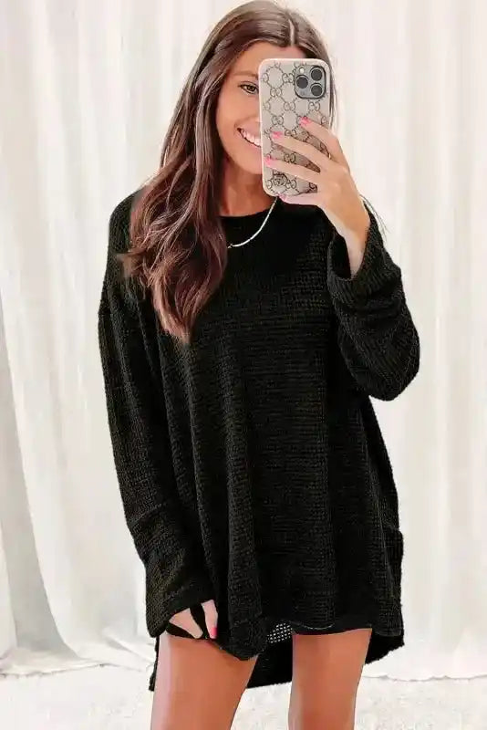 Plus Size Moss Green Knit Top in a relaxed fit with long sleeves, ideal for autumn casual outfits and cozy everyday style.