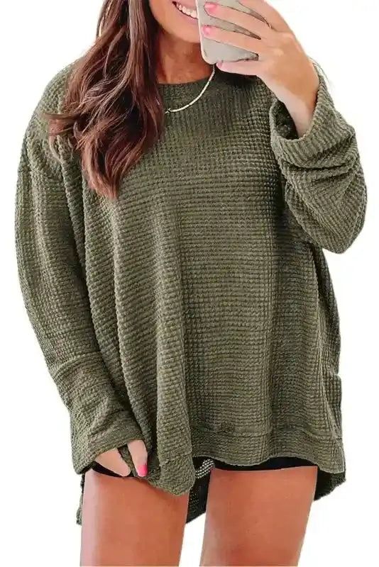 Front view of Moss Green Knit Top in plus size with textured waffle knit and relaxed silhouette, styled for cozy fall fashion.