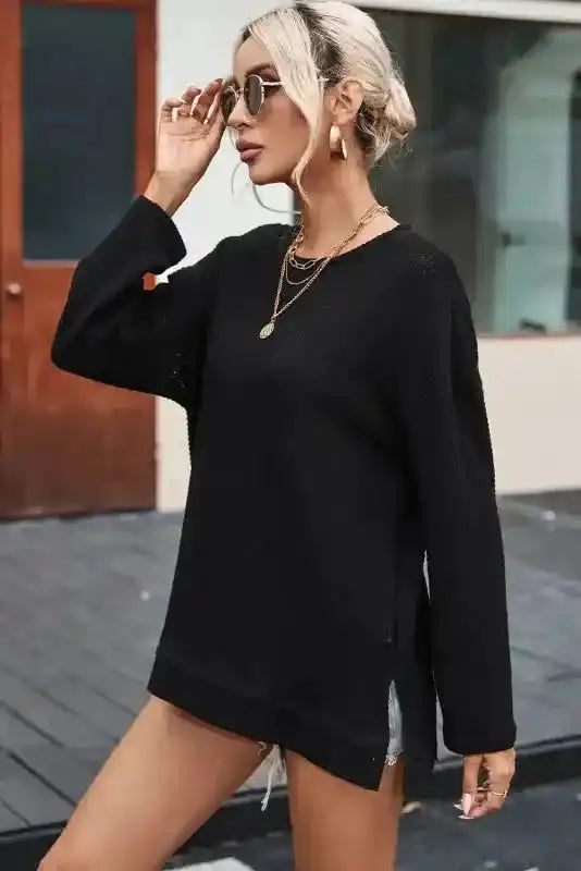 Plus Size Moss Green Knit Top styled with sunglasses and layered necklaces, showcasing its casual fall-ready design.