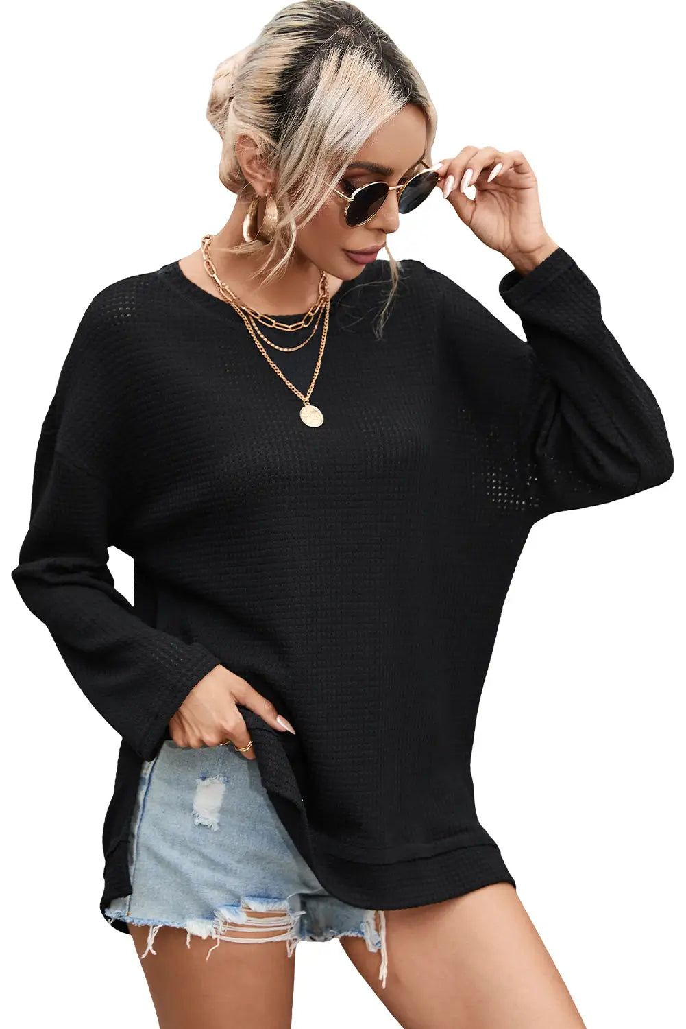 Moss green plus size textured knit long sleeve top