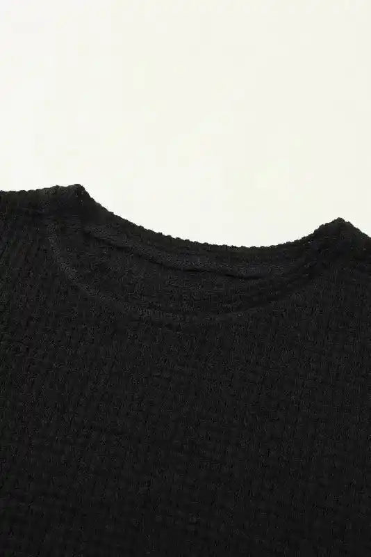 Close-up of round neckline on Plus Size Moss Green Knit Top, showing detailed waffle knit texture for fall fashion.