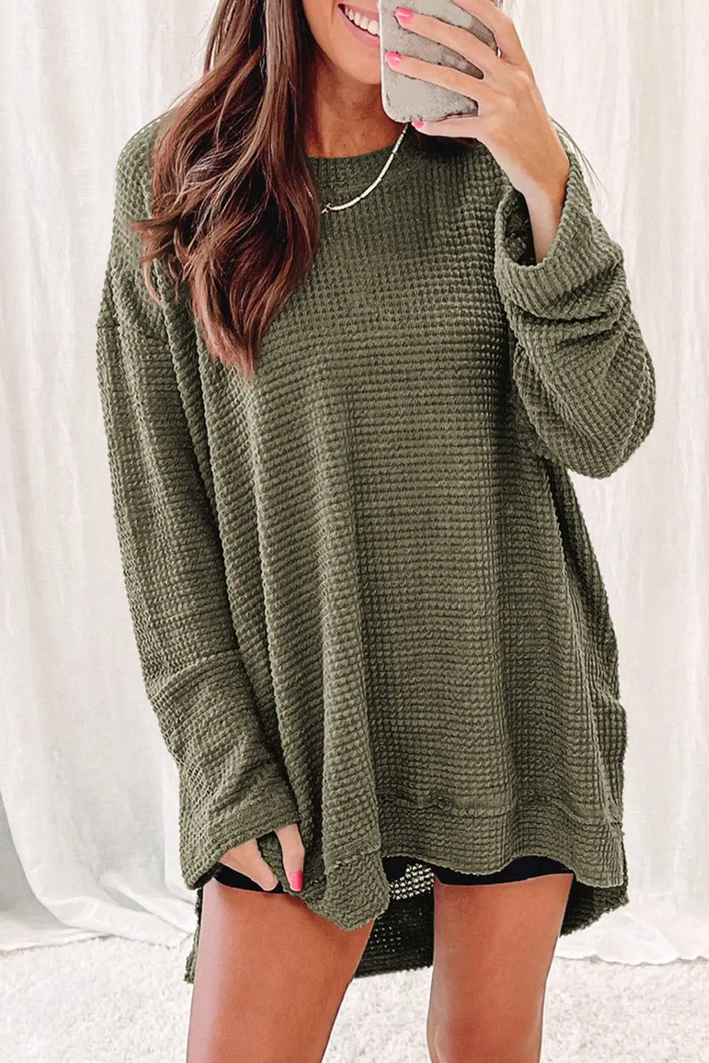 Moss green plus size textured knit long sleeve top