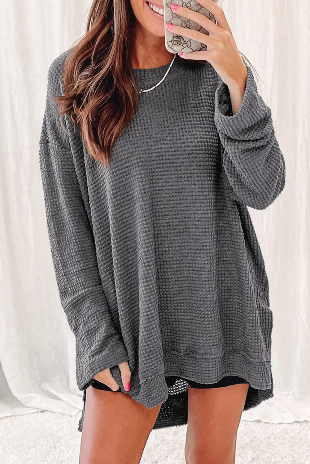 Moss green plus size textured knit long sleeve top - gray /